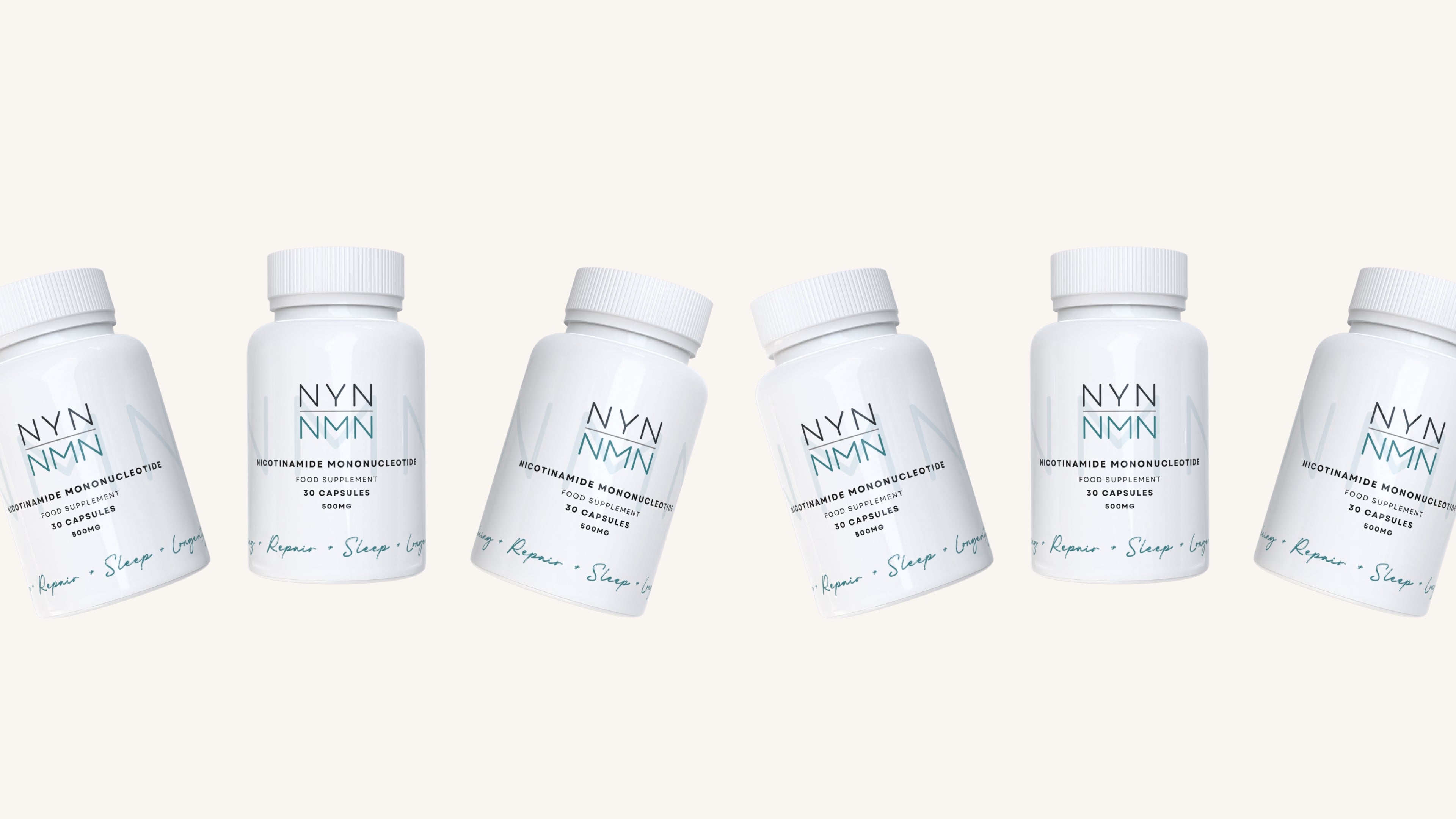 Row of supplement white bottles with 'NYN NMN' Uthever NMM branding on a light beige background