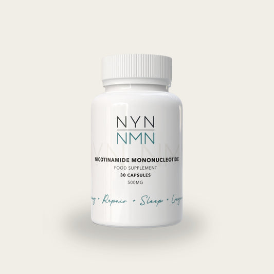 30 Capsule Bottle White supplement labeled 'NYN NMN' on a light grey background