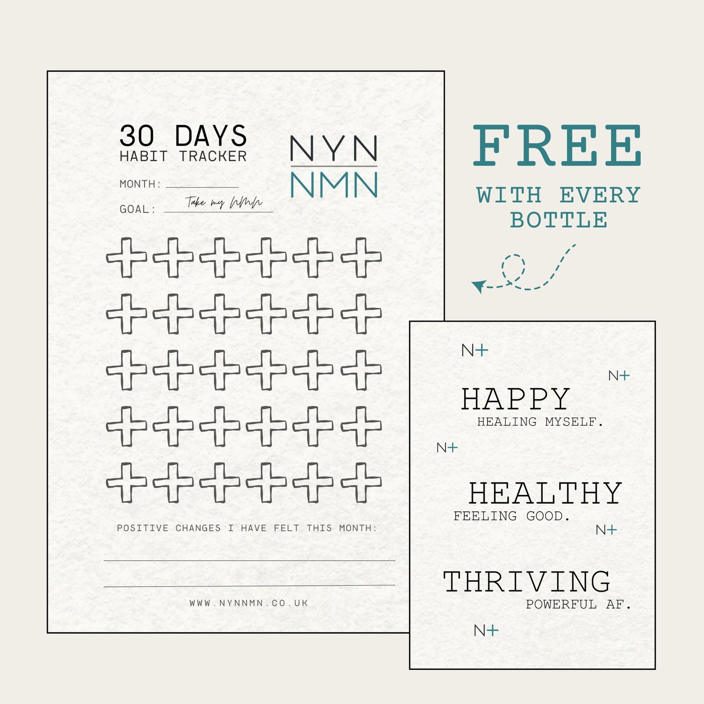 NYN NMN Free 30 Days Habit Tracker and motivational quote card on a white background