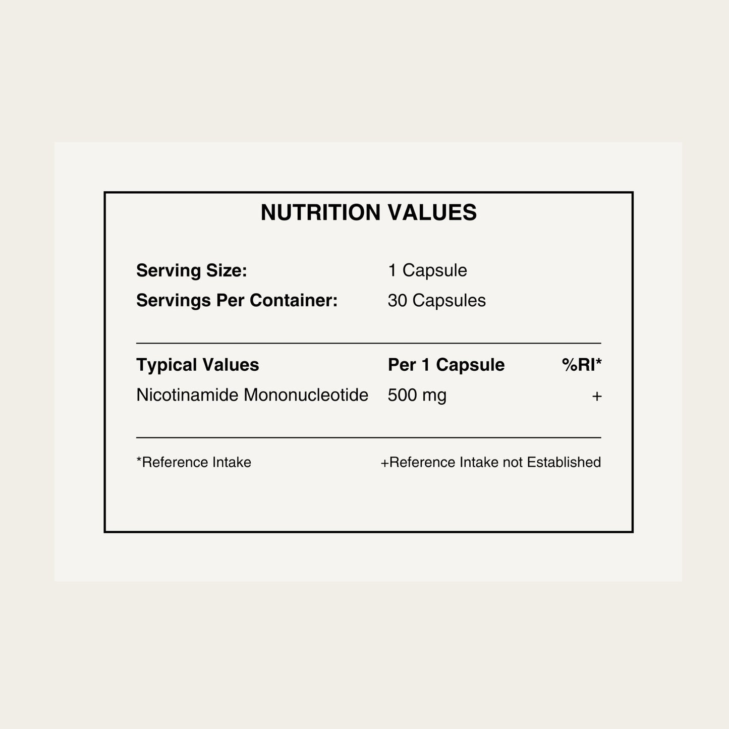 NYN NMN Nutrition label for a capsule supplement on a beige background