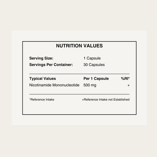 NYN NMN Nutrition label for a capsule supplement on a beige background